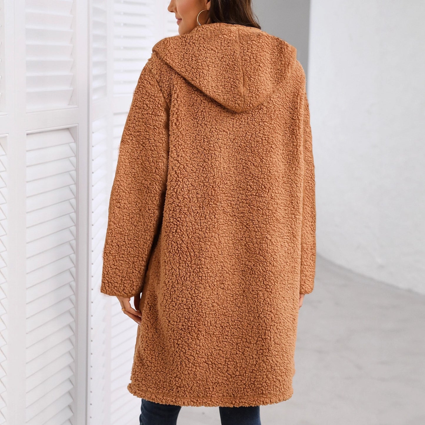 Autumn And Winter New European And American Loose Hooded Long Zipper Stitching Plush Coat