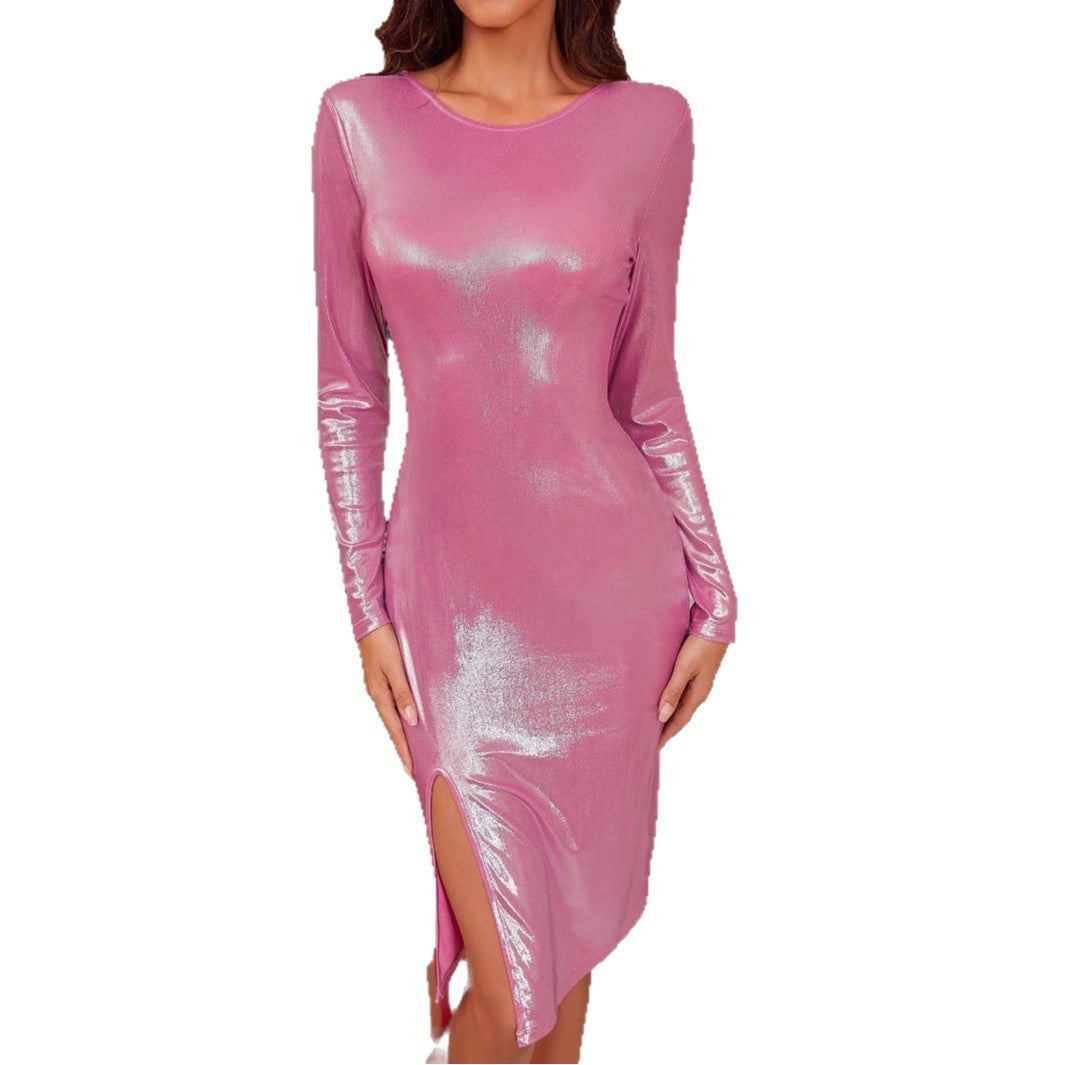 Spring And Autumn European And American Sexy Glossy Tight Slit Christmas Holiday Evening Dress