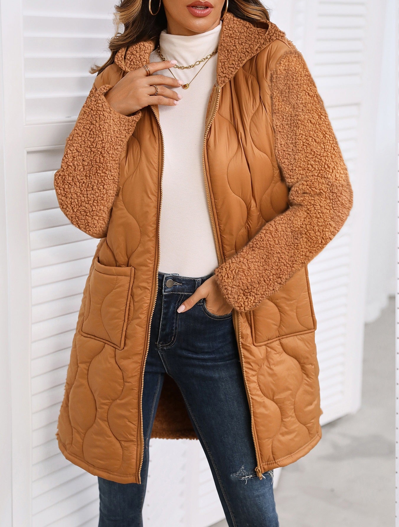 Autumn And Winter New European And American Loose Hooded Long Zipper Stitching Plush Coat