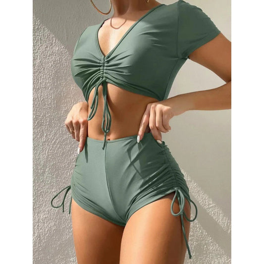 Swimsuit Women's Solid Color Sexy Short Sleeve Swimwear