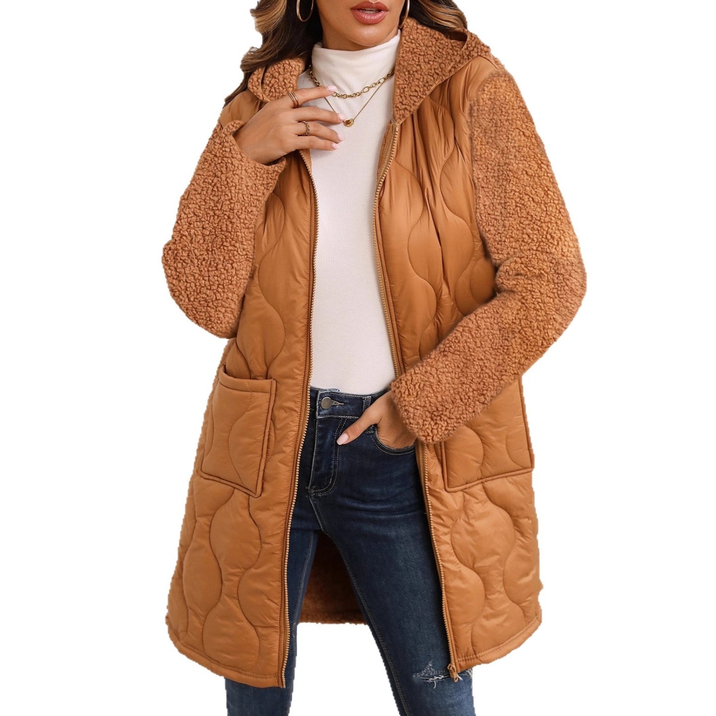 Autumn And Winter New European And American Loose Hooded Long Zipper Stitching Plush Coat