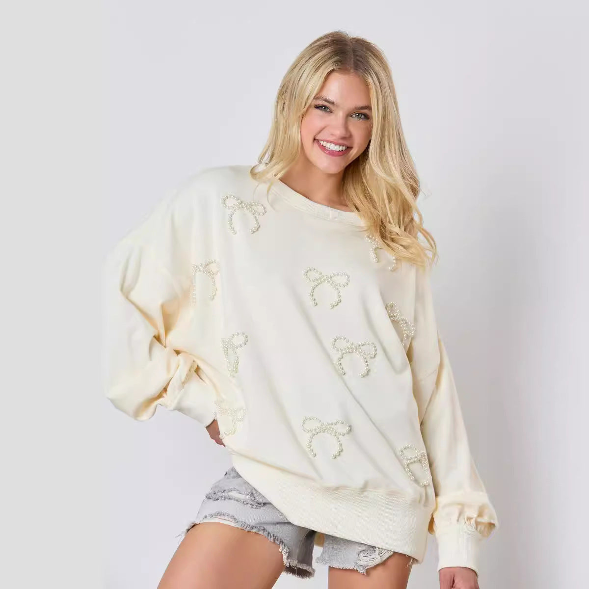 Autumn And Winter New European And American Pearls Bow Decoration Long-sleeved Sweater