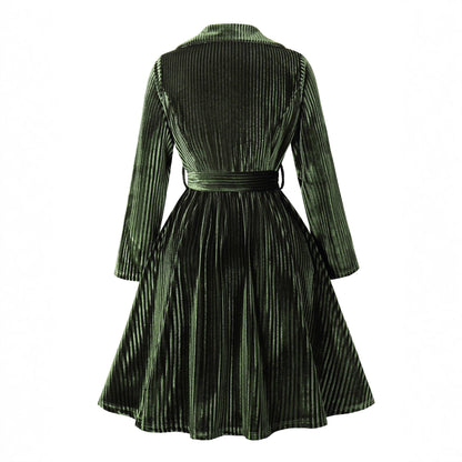 Retro Autumn And Winter Gold Velvet Temperament Long Sleeve Lace-up Waist-controlled Christmas Dress