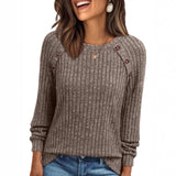 Round Neck Sunken Stripe Brushed Solid Color Top Long Sleeve
