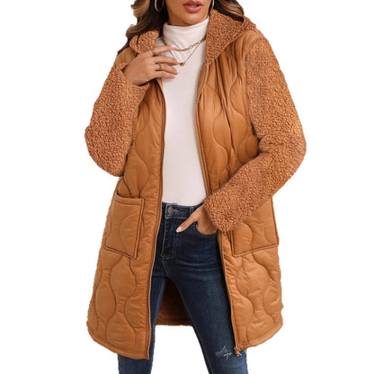 Autumn And Winter New European And American Loose Hooded Long Zipper Stitching Plush Coat
