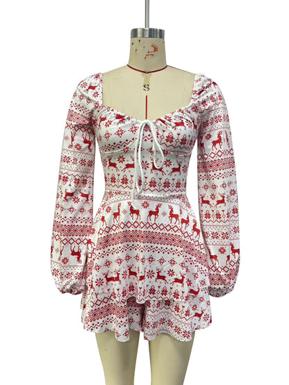 New Christmas Elk Printing Drawstring Backless Long Sleeves Dress
