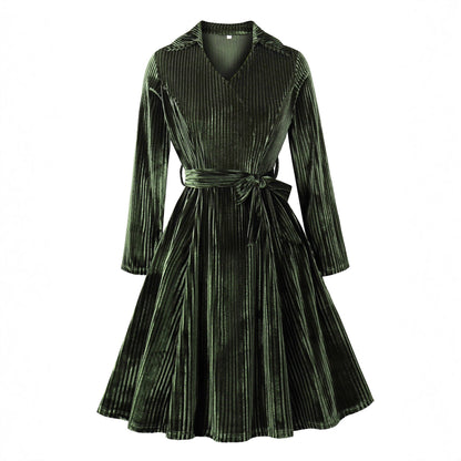 Retro Autumn And Winter Gold Velvet Temperament Long Sleeve Lace-up Waist-controlled Christmas Dress